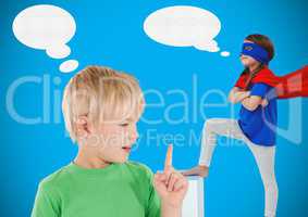 Boy and superhero girl with blue background and speech bubbles
