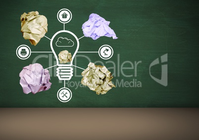 light bulb with crumpled paper balls in front of blackboard