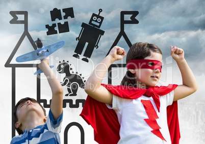 Superhero kids playing with toy plane over city with toys graphics