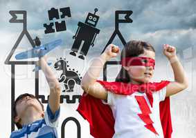 Superhero kids playing with toy plane over city with toys graphics