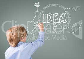 Boy writing in front of grey blank background with idea graphics