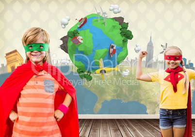 Superhero kids in room with planet earth world