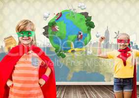 Superhero kids in room with planet earth world