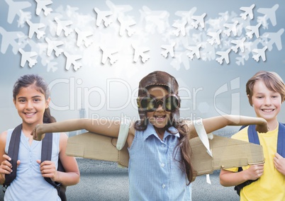 Pilot girl and other kids with bright background and planes graphics