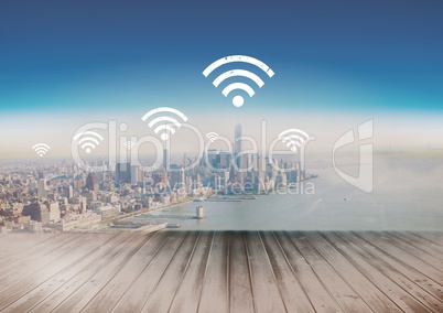 City with icons of wifi