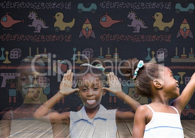 Girl transition effect fading with blackboard background and toys graphics