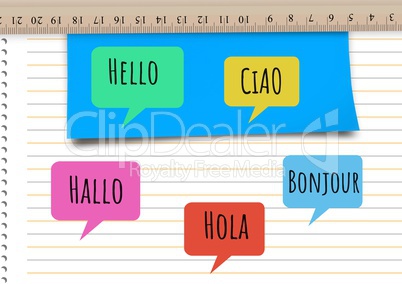 Hello in different languages chat bubbles learning with Notebook