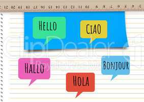 Hello in different languages chat bubbles learning with Notebook