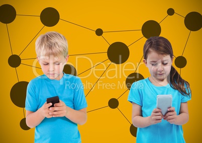 Texting kids with blank yellow background with connections graphics