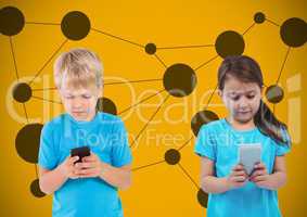 Texting kids with blank yellow background with connections graphics