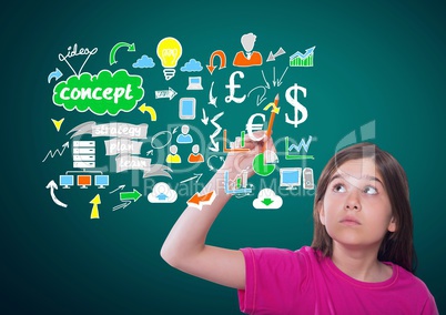 Girl writing in front of green blank background with concept and ideas drawings