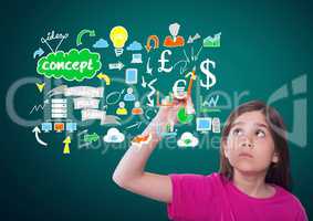 Girl writing in front of green blank background with concept and ideas drawings