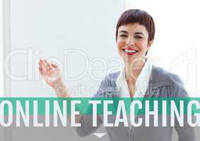 Education and online teaching text and happy woman pointing at a board