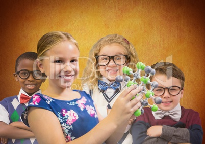 Science clever kids in front of rustic background