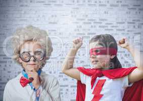 Superhero and scientist kids in front of brick wall