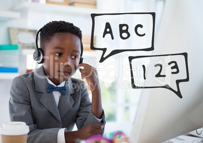 Education icons against office kid boy talking on the phone background