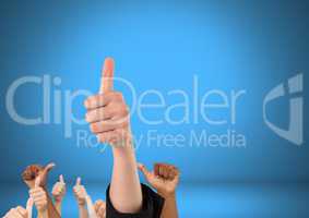 Hands with thumbs up in front of blue background