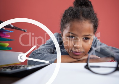 Clock icon against office kid girl resting on the table background
