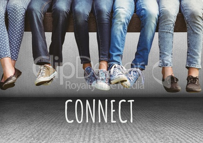 Group of people's legs sitting on bench above connect text