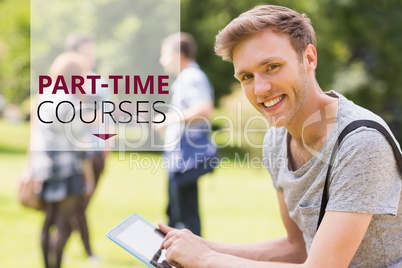 Education and part-time courses text and man using a tablet
