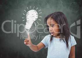 Girl touching flare glow with green background and light bulb sketch drawing