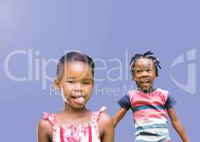 kids fooling around playing with blank purple background