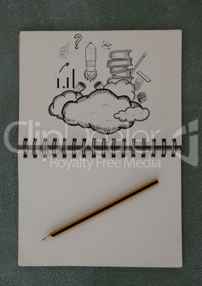 Drawings of clouds and books in notepad