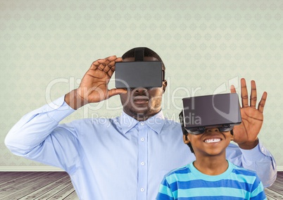 Father and son with VR headset in room