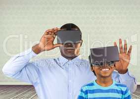 Father and son with VR headset in room