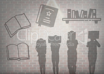 book reading silhouette graphics over wall background