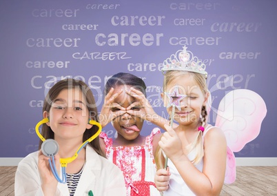 3 girls with career text with blank room with purple background