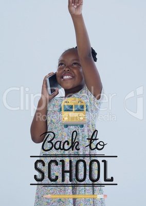 Back to school illustration against happy office kid girl pointing up background