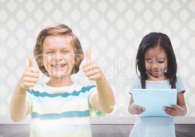 kids holding tablet with room background