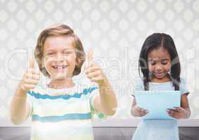 kids holding tablet with room background