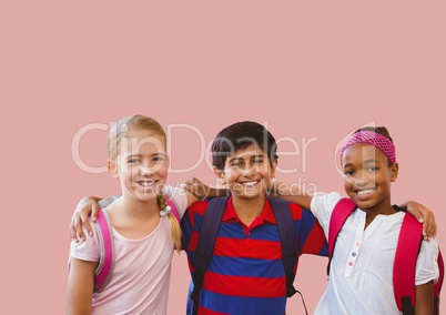 Kids friends together in blank pink room