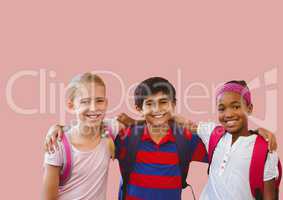 Kids friends together in blank pink room