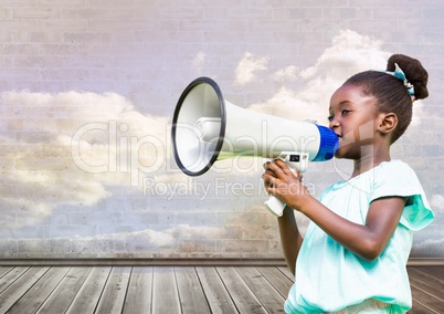 Girl with megaphone in front of cloudy room