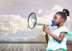 Girl with megaphone in front of cloudy room