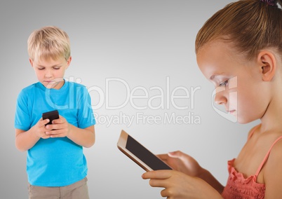 kids on tablet and phone with blank grey background