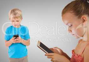 kids on tablet and phone with blank grey background