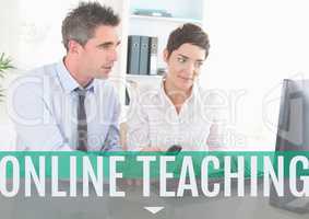 Education and online teaching text and couple looking at a computer