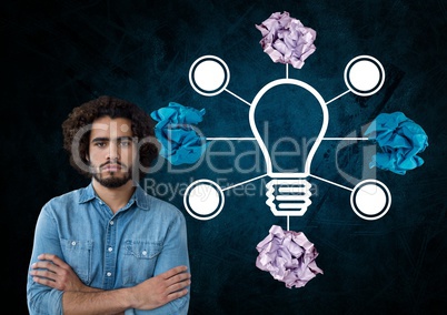 Man standing next to light bulb with crumpled paper balls