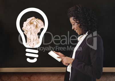 Woman on device standing next to light bulb with crumpled paper ball in front of blackboard