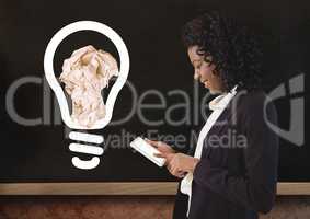 Woman on device standing next to light bulb with crumpled paper ball in front of blackboard