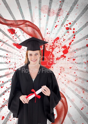 Happy young student woman holding a diploma against white and red splattered background