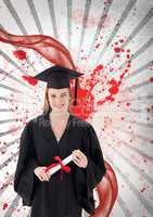 Happy young student woman holding a diploma against white and red splattered background