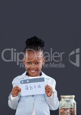 Happy office kid girl with education icons against blue background