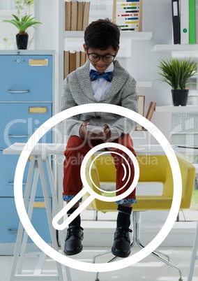 Magnifying glasses icon against office kid boy using a phone background