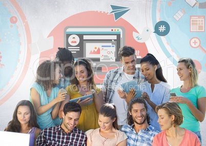 Group of students reading in front of social media graphics