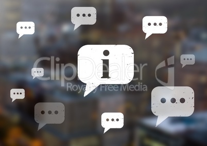 Information and chat bubbles icons in city
